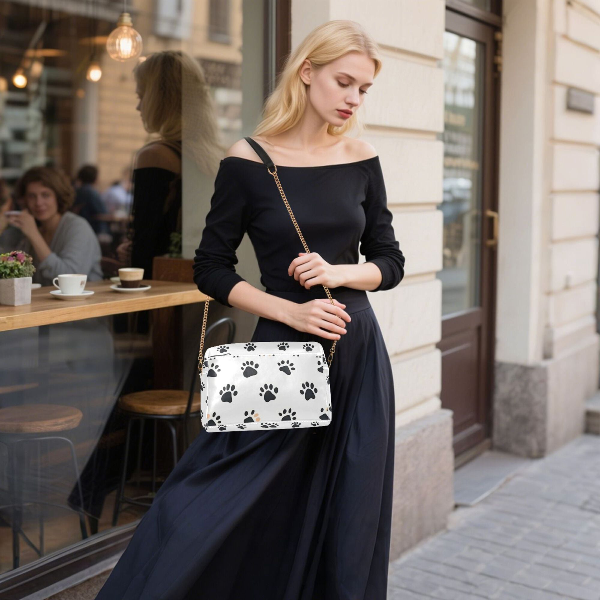 FORMRS Women Crossbody Purse with Chain Strap Vegan Leather Shoulder Handbag, Black Cartoon Cat Paw