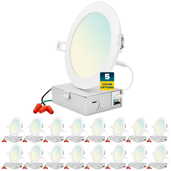 Sunperian 16-Pack 6 inch Ultra-Thin LED Recessed Light J-Box 5 Color Options 12W 1000 Lumens Dimmable Wet Rated ETL Listed