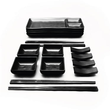 Goliber Sushi Dinnerware 16 Pieces - Sushi Plate Set - Includes 4 sushi plates and soy sauce bowls, 4 Chopsticks, 4 Chopstick Holders Sushi Set For 4 Sushi Kit