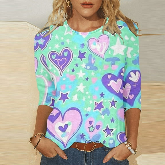 Valentines Day Blouse, Graphic T Shirt Women, 3/4 Sleeve Tops Casual Women's Fashion Tees Casual Crewneck 3/4 Sleeves Loose T Shirt Ladies Tops Blouses Shirts