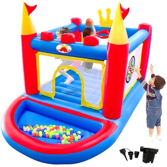 WELLFUNTIME Inflatable Bounce House, PVC Bouncer for Kids Aged 3-8, Jumping Bouncy Castle with Ball Pit for Indoor Outdoor