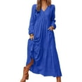 thumbnail image 4 of vigerkar Women's Linen Maxi Dress Long Sleeve with Pockets Casual V-Neck Tiered Ruffle Dress Boho Beach Pleated Long Dress Dark Blue, XXL, 4 of 9