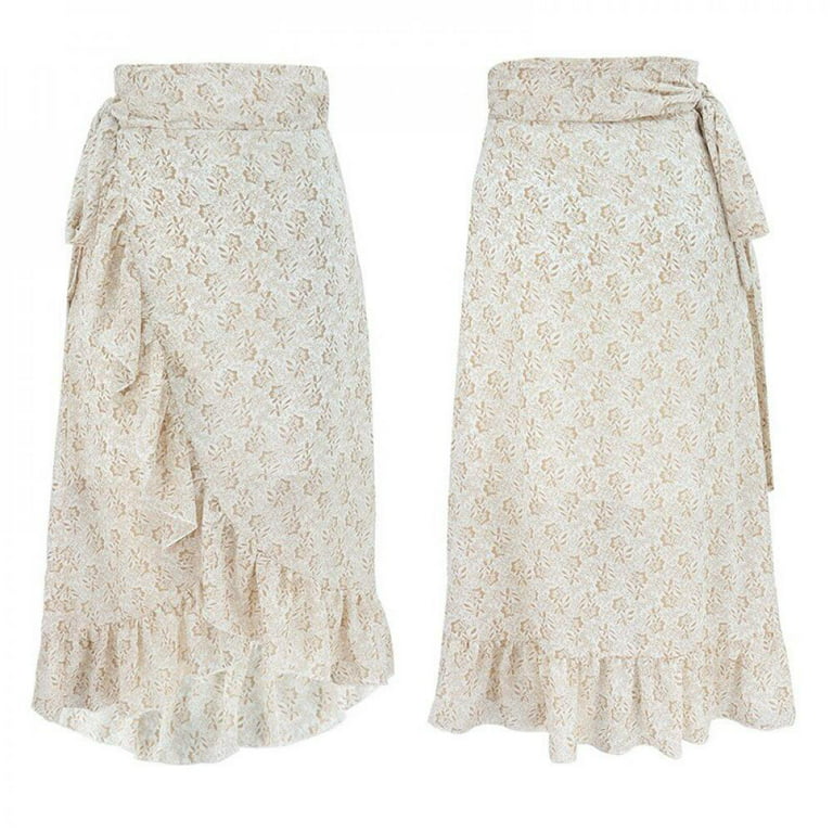 Women Floral Pleated Skirt Ruffle Hem Irregular Midi Maxi Swing Skirt Wrap  Split Midi Skirt High Waist Draped Skirt,Bohemian A Line Elegant Half 