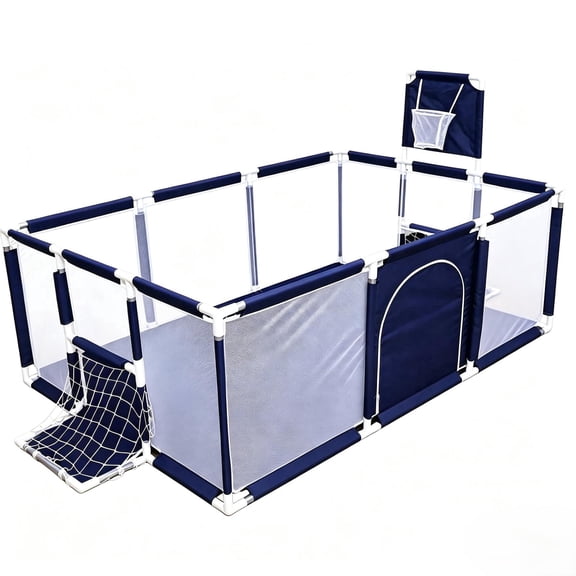 Golyzmt Baby Playpen, 72"×48"×26" Breathable Mesh Play Yard for Infants and Toddlers, Equipped with Basketball Hoop and Soccer Nets, Blue