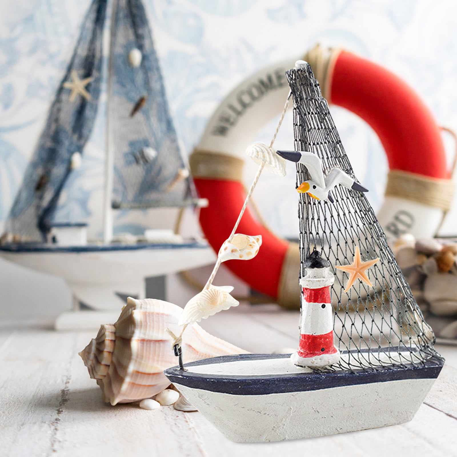 WEPRO Home Nautical Wooden Sailboat Ornament Beach Decoration Retro Wooden  Sailboat Beach Ornament Kitchen Bathroom Office Party Center Decoration 