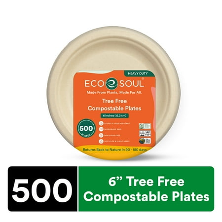 ECO SOUL 6 Inch Round [500-Pack] Tree Free Compostable Plates I PFAS free, Heavy-Duty Eco-Friendly Appetizer Plates I Biodegradable Sugarcane Eco Plates | Microwavable