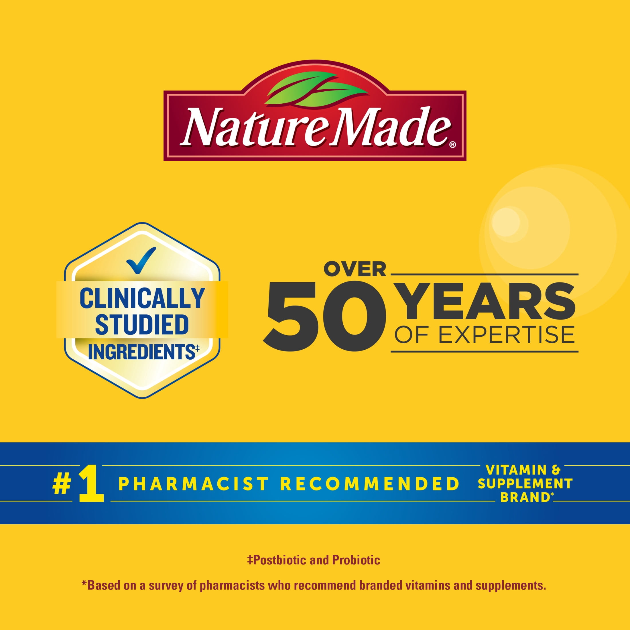 Nature Made Triple-Action Biotics, Prebiotic Fiber + Postbiotic + Probiotic Gummies, 48 Count