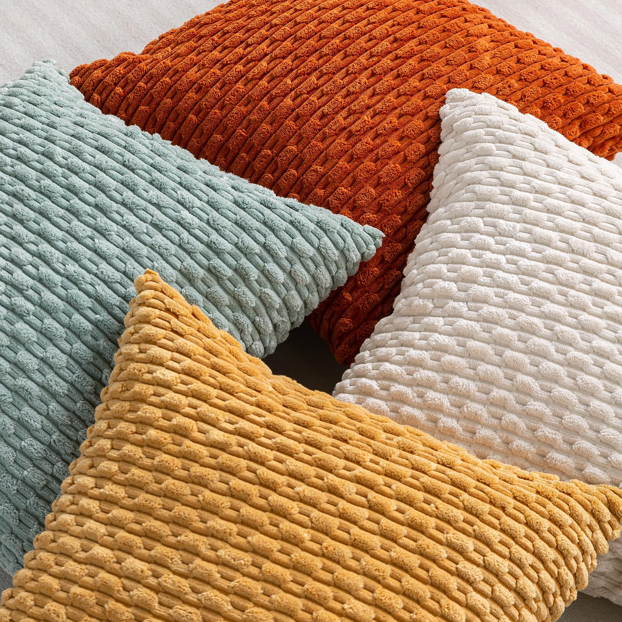 HAPPINESS 4 Pack Decorative Throw Pillow Covers, 22x22 Inch Soft Plush Striped Corduroy Couch Pillow Covers, Yellow Rust Aqua