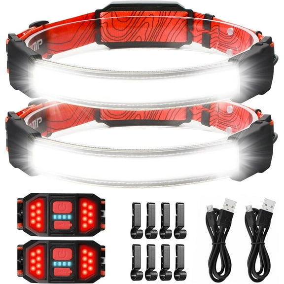 LED USB Rechargeable Headlam,  230° Widebeam Super Bright Head Lamp with Red Taillight for Camping Running Hiking, Hard Hat Headlamp