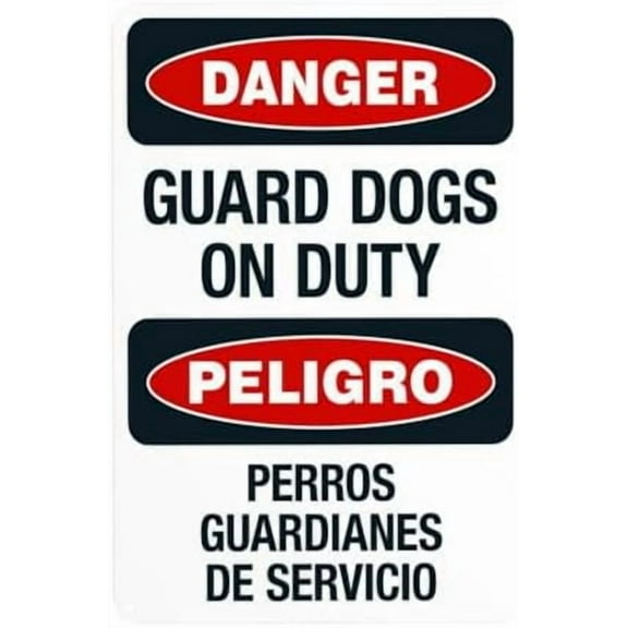 Guard Dogs On Duty Bilingual Warning Sign, Beware Of Dog Security Metal Signs for Busines Home Outdoor Indoor Road Yard Garage Street Wall Caution Decor 8 x 12 Inch