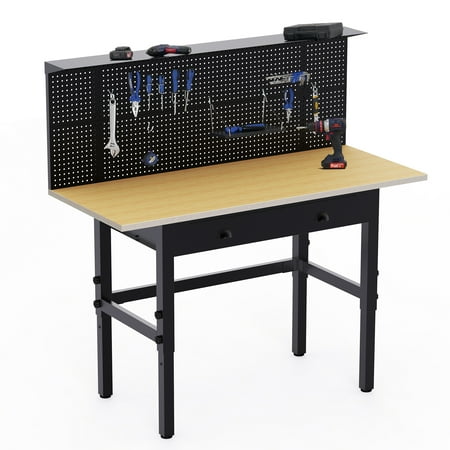 

55 Workbench with Pegboard and Drawers Dextra Height Adjustable Garage Work Bench with Power Outlets Rubber Wood Work Table and Heavy-Duty Steel Frame 2000 LBS Load Capacity Black