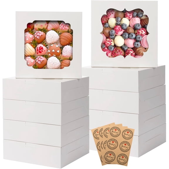 24pcs Cookie Boxes with Stickers, 8x8x2.5 Inches Bakery Boxes with 2 Style Windows for Chocolate Strawberries, Pie, Pastry, Dessert, Cake