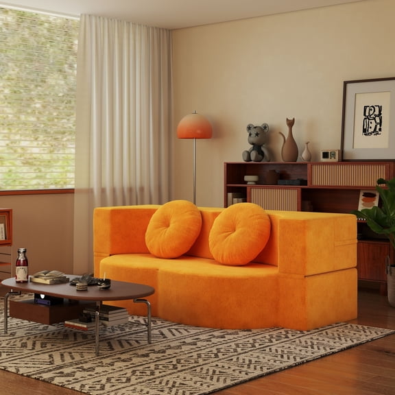 Jopath Folding Sofa Bed With Pillow, Twin Sleeper Sofa, Floor & Futon Loveseat Couch, Foam Folding Mattress Sleeper For Living Room, Guest Use, Office, Apartment, No Assembly Required Orange