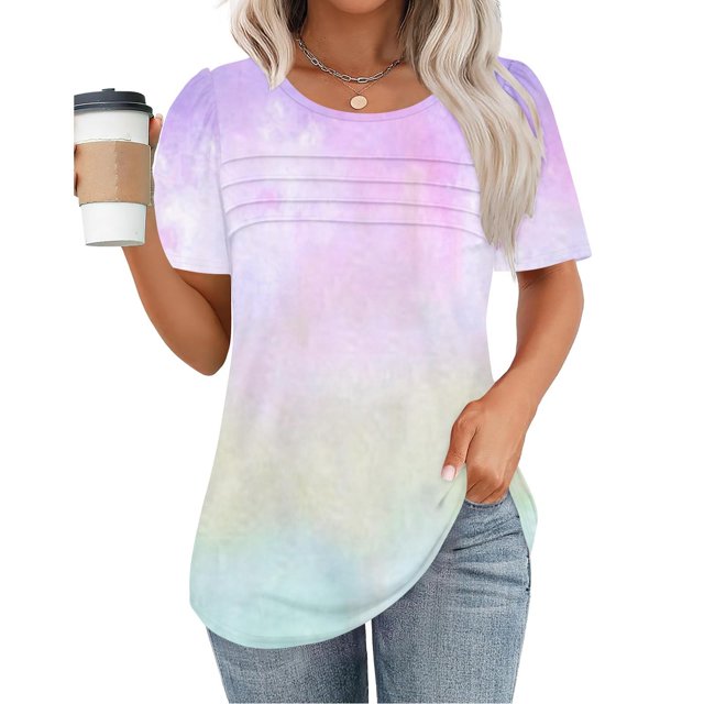 mfyjkho Tops De Tallas Grandes, Jersey De Mujer De Manga Corta Con Cuello Redondo, Plisado En El Pecho, Estampado De Color Degradado Tops De Gimnasio Para Mujer M