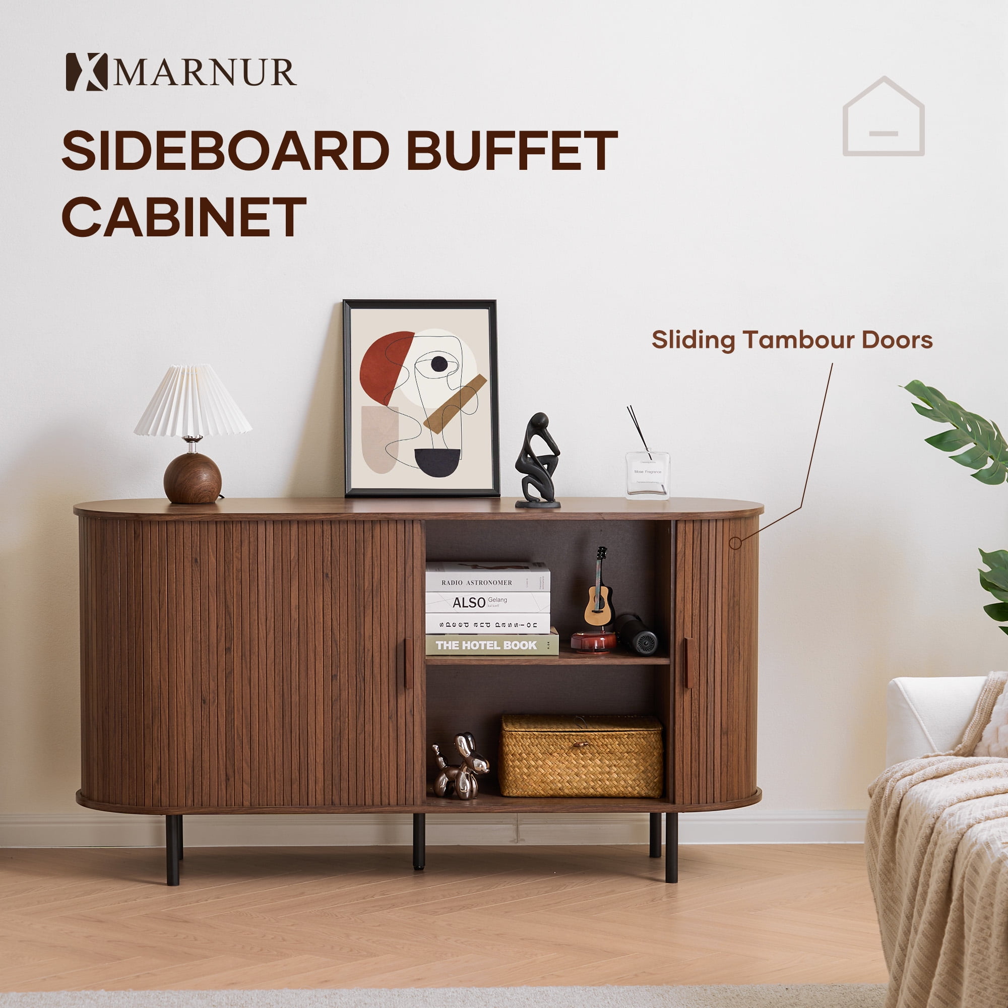 MARNUR Sideboard Buffet Cabinet 55" Storage Cabinet with 2 Sliding Tambour Doors, Adjustable Shelves for Kitchen Office Bedroom Hallway Entryway, Walnut
