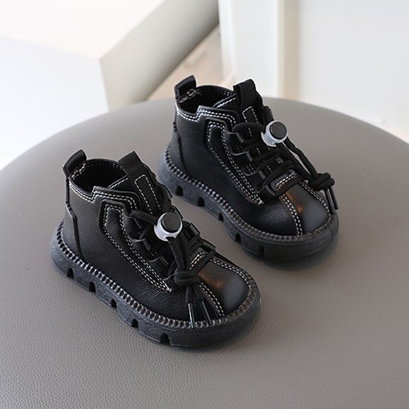 BRGZLK Toddler Infant Boys Boots Autumn Winter Lace-Up High Top Soft Flat Comfort Warm Ankle Snow Boots Stylish Round Toe PU Leather Short Booties for Daily 2026 Black 9.5 Little Kids