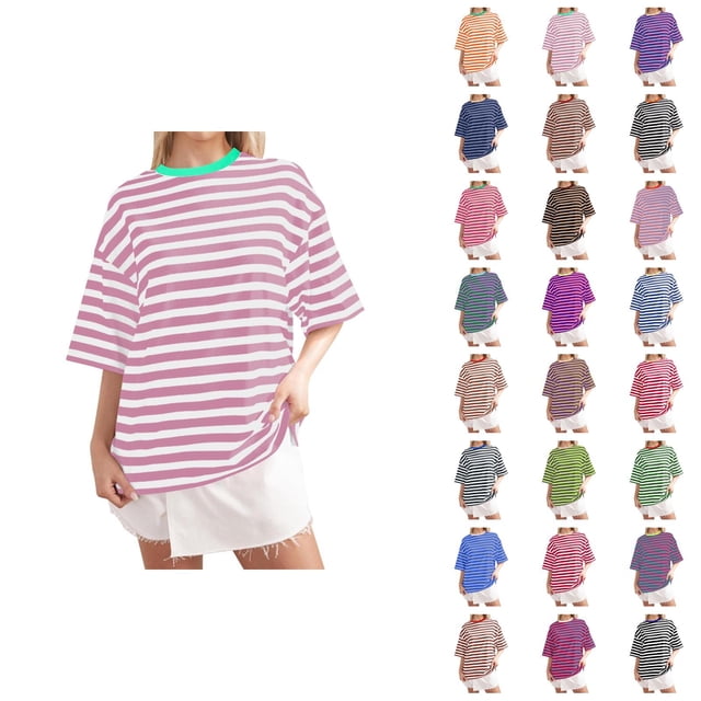 T-shirt Rayé pour Femmes 2026 Été Tendance Manches Courtes Col Rond Confortable Léger