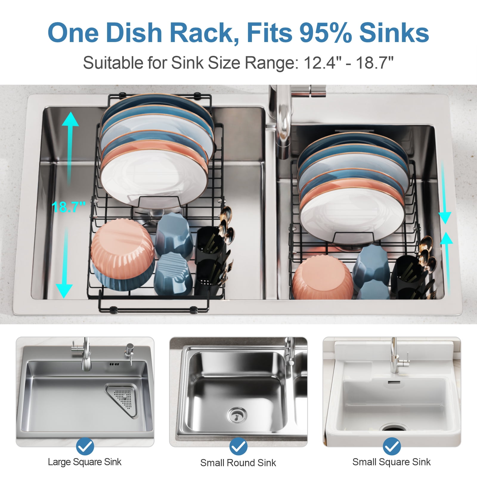 iSPECLE Sink Dish Drying Rack - Expandable Capacity (12.4''-17.1''L) Over Sink Dish Rack, in Sink Dish Drainer for Kitchen Counter with Utensil Holder, Black