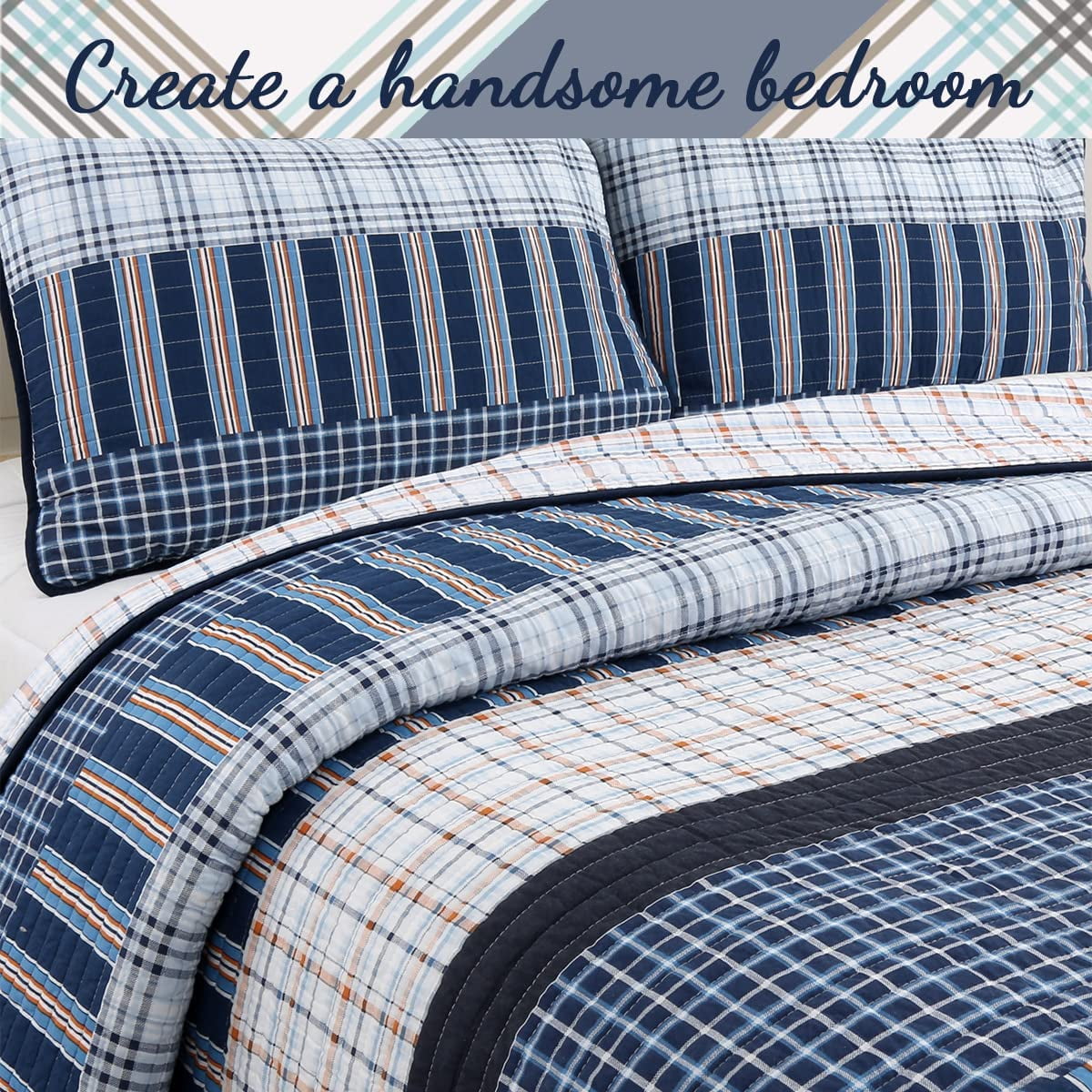 Cozy Line Home Fashions Navy Orange Striped Boy 100% Cotton Reversible Quilt Bedding Set, Twin 2-Piece