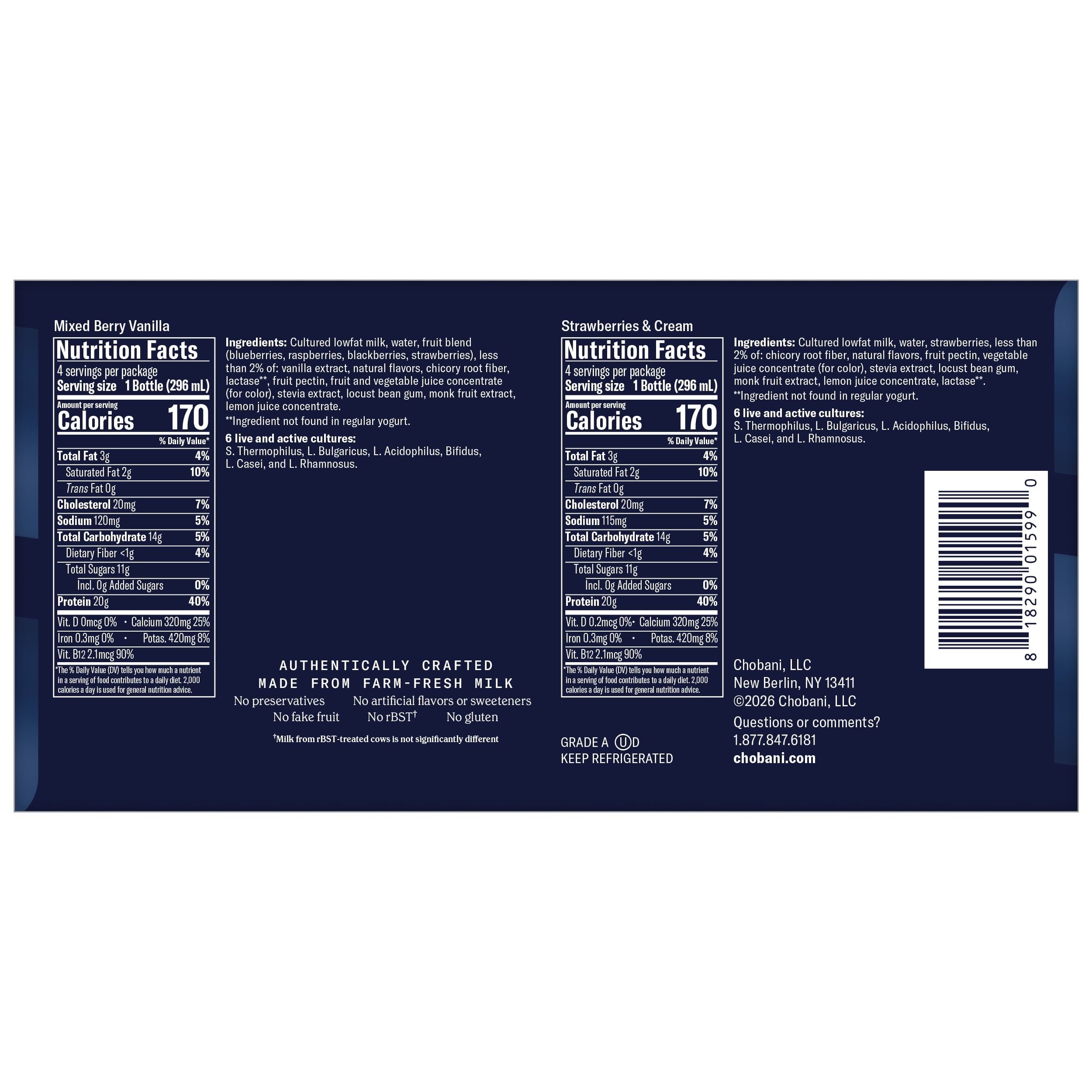 Chobani 20G Protein Low-Fat Greek Yogurt Drink, Family Variety, 10 fl oz Bottle, 8 Pack