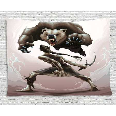 Best Battle Scenes Bear Tapestry, Mythological Battle Scene Between an Elf and Angry Bear Fantasy Fairytale, Wall Hanging for Bedroom Living Room Dorm Decor, 60W X 40L Inches, Warm Taupe Dark Brown, by Ambesonne ()