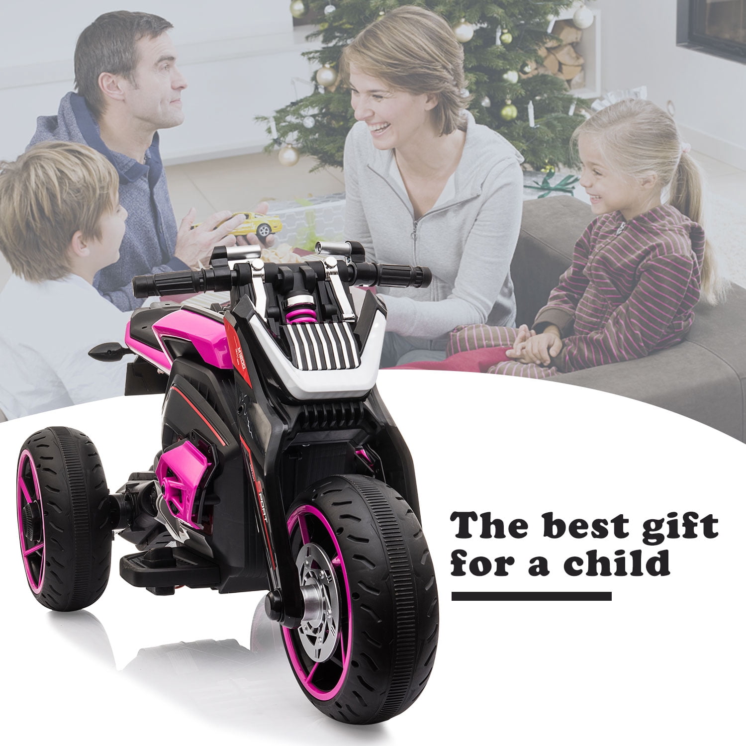 TOBBI 12V Kids Ride on Motorcycle Battery Powered Electric 3 Wheels Trike Motorcycle W/ Lights, Rose Red