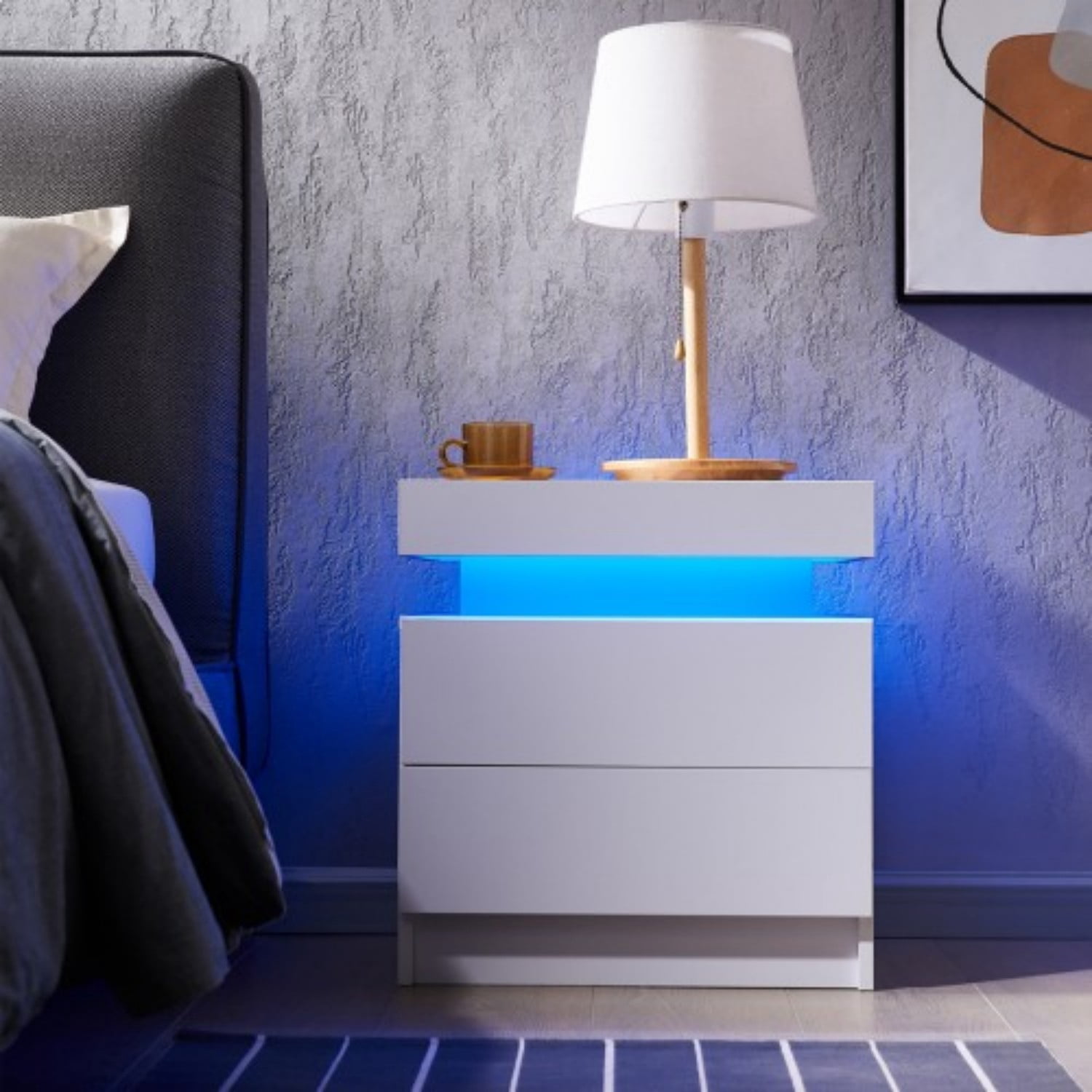 Nightstand with LED Lights, Modern Bedside Table with 2 Drawers and Open Storage, Adjustable RGB Light End Table for Bedroom Living Room Office, White