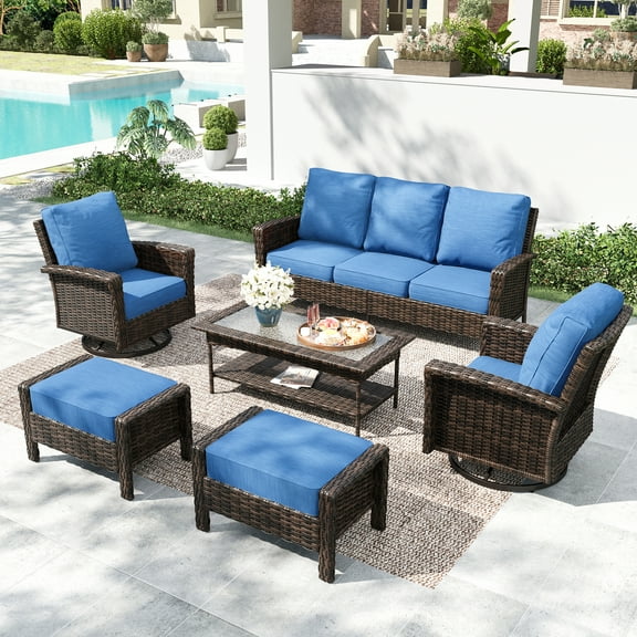 Summit Living 7-Seat Wicker Patio Furniture Set with 2 Swivel Chairs & 3-Seat Sofa & Coffee Table with 2 Ottoman, Outdoor Sectional Conversation Set, Blue