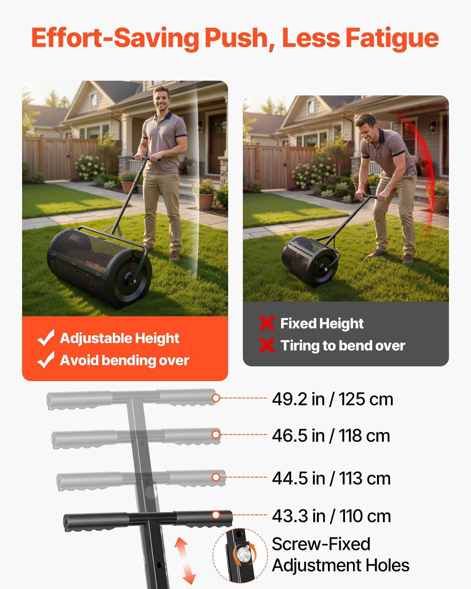 36 Inch Heavy Duty Peat Moss Spreader Adjustable Height Push Tow Handle Powder Coated Steel Garden Roller for Grass Seed Planting Black