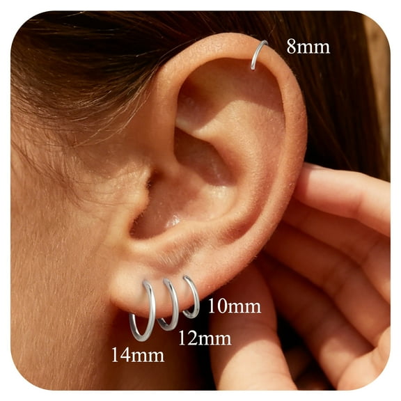 Suplight Silver Hoop Earrings for Women Men 8/10/12/14/16/18/20MM Small Huggie Hypoallergenic Nickel Free Christmas Jewelry Gift