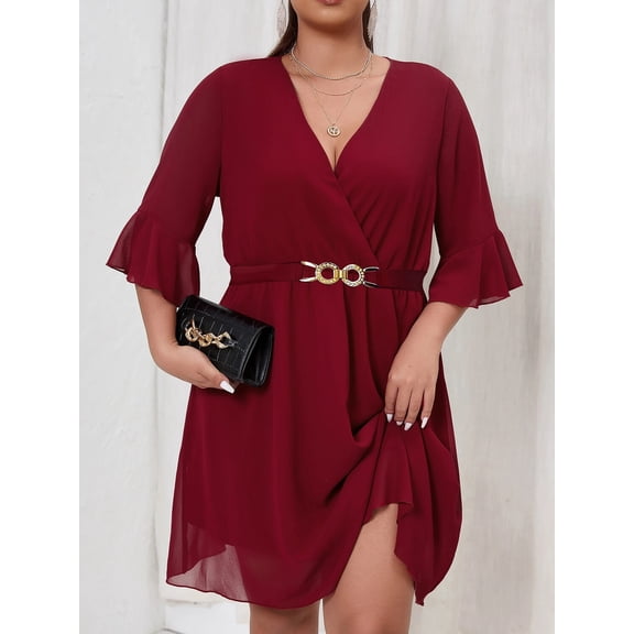Plus Size Women Burgundy Chiffon Wrap Dress V Neck 3/4 Ruffle Flare Sleeve Gold Buckle Belt Asymmetric Hem Elegant Party Dress