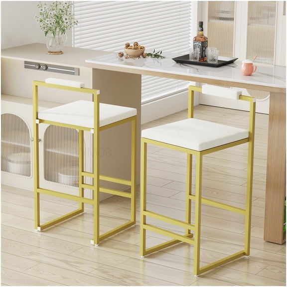 Set of 2 Creamy White Velvet Bar Stools with Gold Metal Frame, Counter Height Dining Chairs for Kitchen Island and Home Decor
