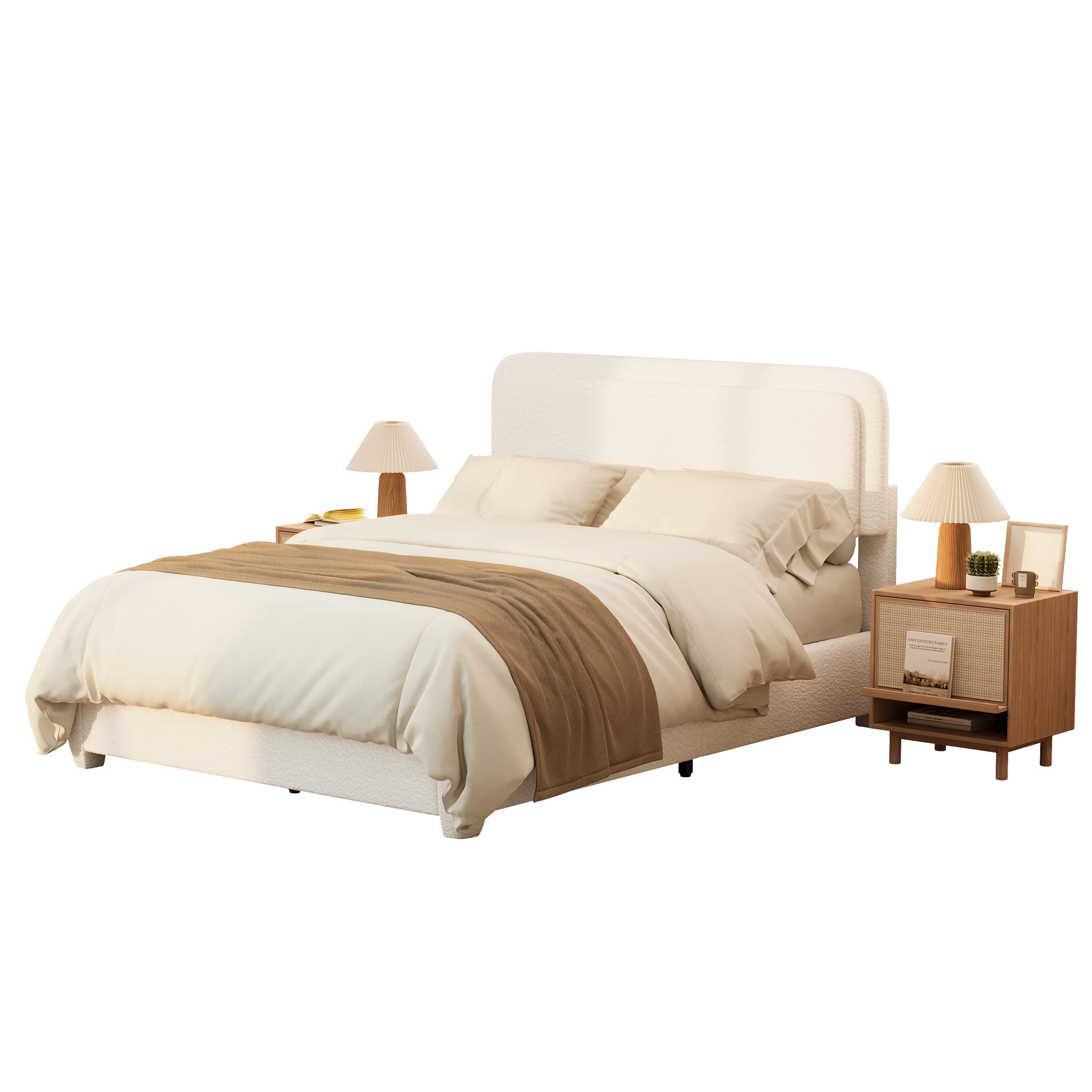 Euroco Boucle Queen Size Platform Bed with Height Adjustable Headboard, Low Profile Modern Bed with Curved Cloud Headboard, White