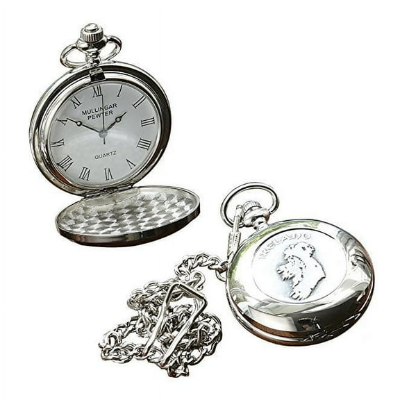 Mullingar Pewter Irish Celtic Ireland Pocket Watch Quartz Vintage-Style Handmade in Ireland - 1.75" Diameter / 14"Chain