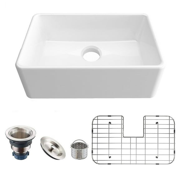 24-Inch Small Farmhouse Ceramic Kitchen Sink, Apron-front Sink with Strainer & Bottom Grids, Laundry Sink