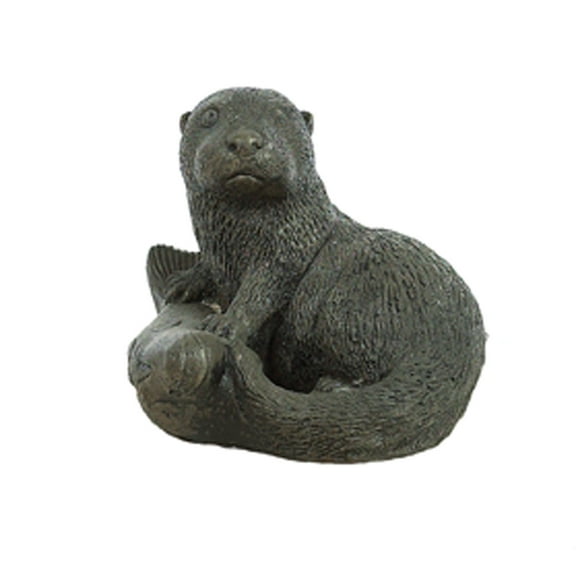 Solid Rock Stoneworks Otter with Fish Concrete Statue, 7" Tall