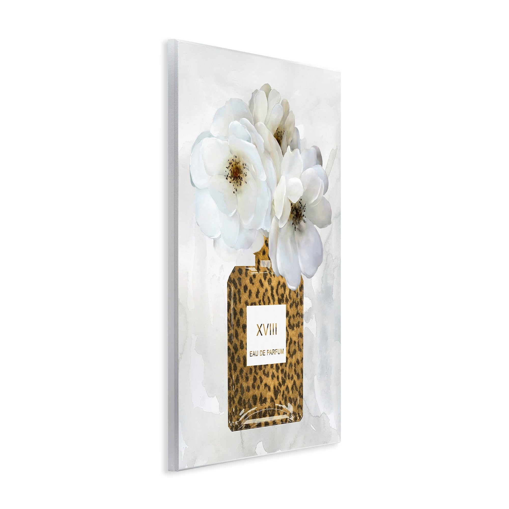 Stupell Industries Leopard Print Perfume Bottle Glam White Spring Florals, 10 x 15, Design by Carol Robinson