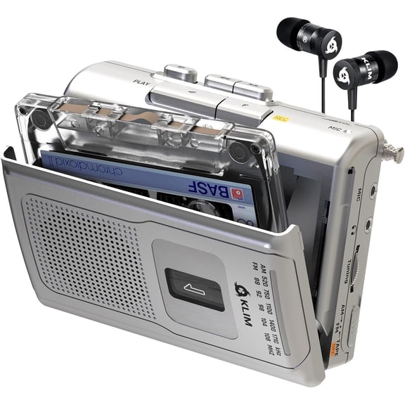 Restored KLIM K8 Portable Cassette Tape Player & Recorder, AM/FM Radio, Built-in Speaker, Earphones, Silver (Refurbished)