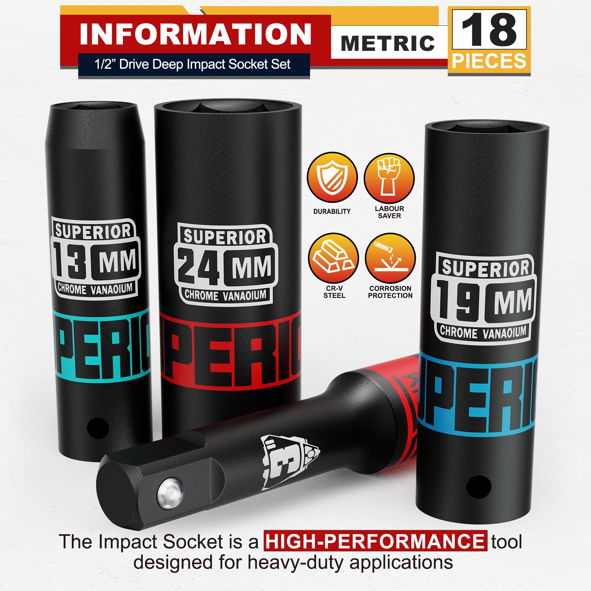1/2 Inch Drive Impact Socket Set Metric 18pcs