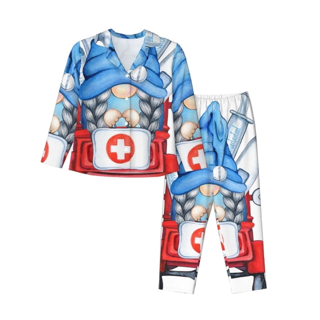 Fotbe Medicine Gnome Truck Red Conjunto de Pijama de Manga Larga para Mujer con Estampado, Ropa de Dormir de 2 Piezas, Conjunto de Casa Suave y Cómodo con Bolsillos-Large