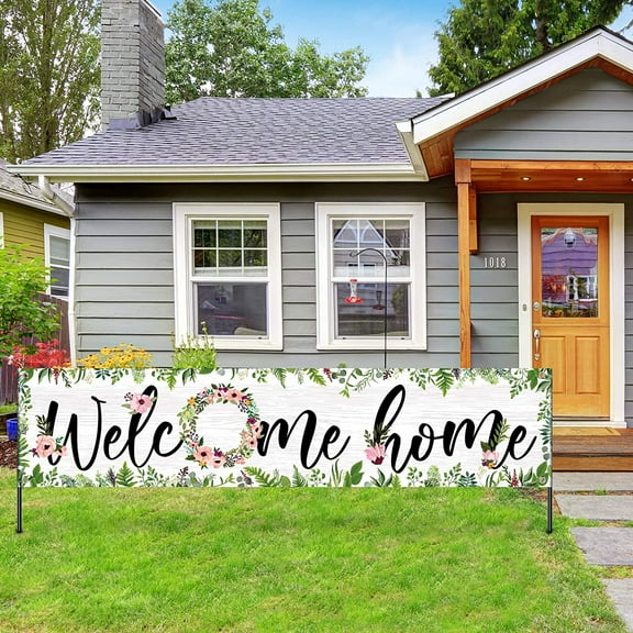 Large Welcome Home Banner 71 x 15.7 Inches Spring Summer Fall Flower Cluster Welcome Banner Yard Sign Decoration Home Garland Hanging Photo Booth Background (White Background with Grass)