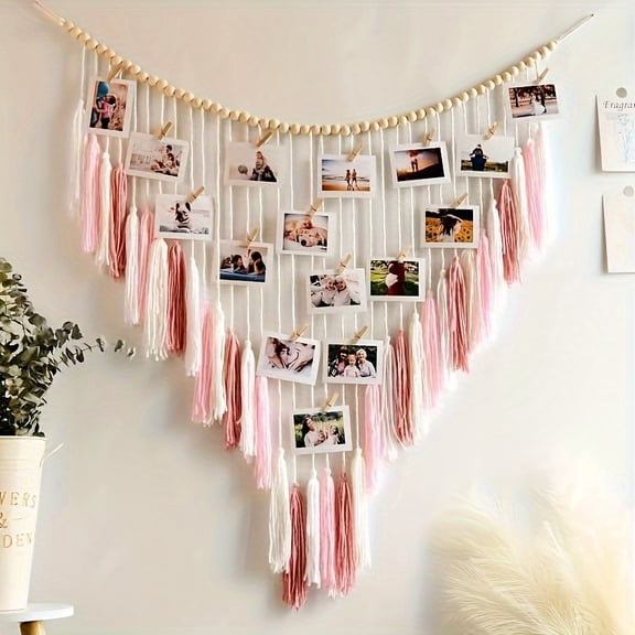 Large Boho Macrame Wall Hanging Decor-Photo Display, Pink Tassel Wood Bead Wall Art, Shabby Chic Macaron Color Hanging Garland, Spring Home Decor for Bedroom Living Room Apartment Housewarming Gift