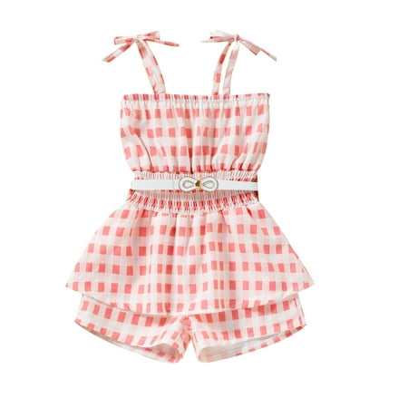 

Calsunbaby Toddlers Girl Sleeveless Playsuit Infants Plaid Pattern Print Spaghetti Tie Up Straps High Waist One Piece Bodysuit Jumpsuit with Belt