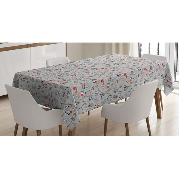Paris Tablecloth, France Themed Image with French Flag Dogs Eiffel Tower Croissant Vintage City of Love, Rectangle Satin Table Cover for Dining Room and Kitchen, 60" X 84", Multicolor, by Ambesonne