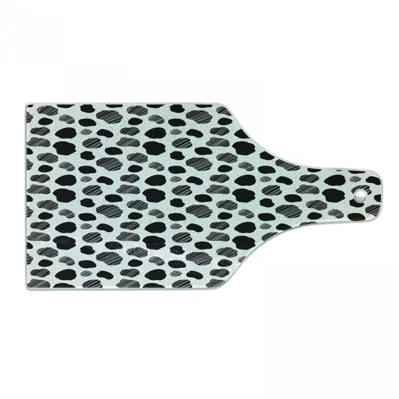 Cow Print Cutting Board, Black and White Striped Dots with Abstract Style Farm Animal Hide Agriculture, Tempered Glass Cutting and Serving Board, Wine Bottle Shape, Black White, by Ambesonne
