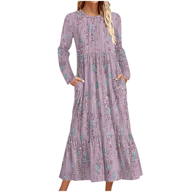 Robe d'Automne, Robe Décontractée à Imprimé pour Femme à Manches Longues et Col Rond, Cadeaux pour Femmes, TG