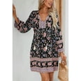 thumbnail image 2 of Boho Floral Print Knotted Neck Stirred Long Sleeves Pleated Waist Dress Black Small, 2 of 5