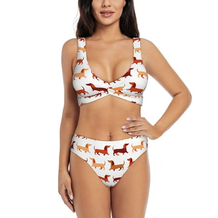 Zeuib Dachshund Walking High Waisted Tummy Control Bikini Set - Knot Front Push Up Top & Cheeky Thong Bottom  Two-Piece Swimsuit for Women-Small