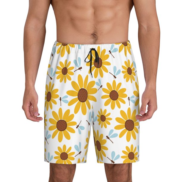 Balery Sunflowers Pantalones cortos de pijama de punto de algodón para hombre con cinturilla y bolsillos-Large