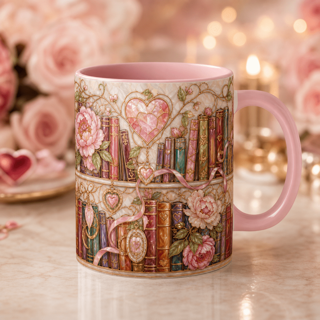 Coffee Mug Love at First Chapter Floral Bookshelf for Coffee Breaks Romance Readers